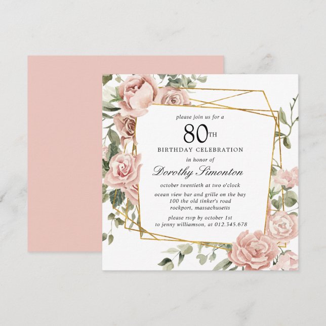 Convites Dusty Pink Rose Floral 80 Birthday (Frente/Verso)