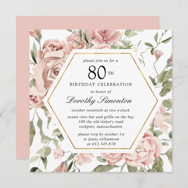 Convites Dusty Pink Rose Floral 80 Birthday (Frente/Verso)