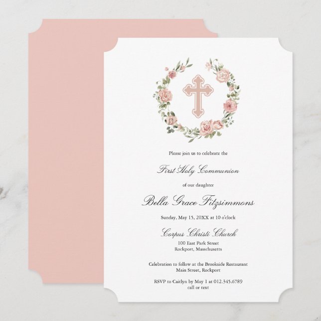Convites Dusty Pink Rose Floral Cross First Communes (Frente/Verso)