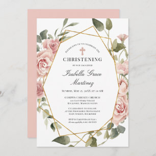 Convites Dusty Pink Rose Floral Elegante Christening