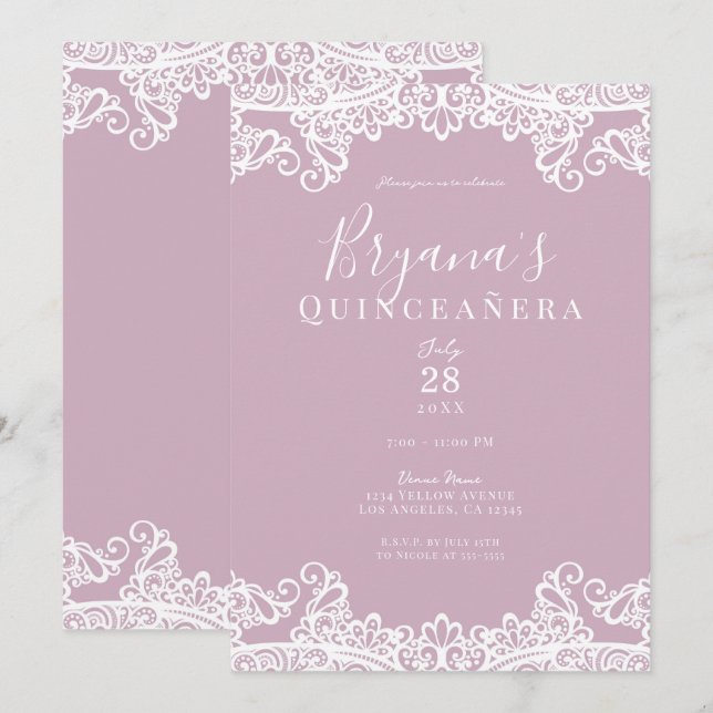 Convites Dusty Pink White Lace Elegante Festa de Quinceañer (Frente/Verso)