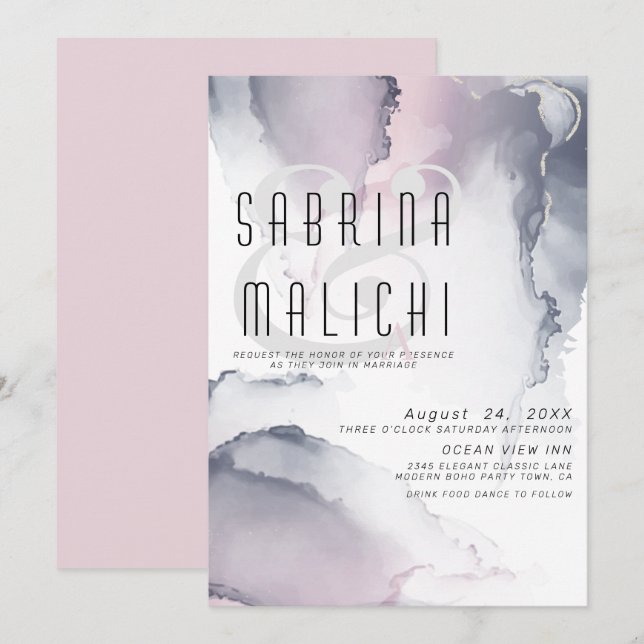 Convites Dusty Plum Blush Pewt Fluid Alcool Tinta Invitati (Frente/Verso)