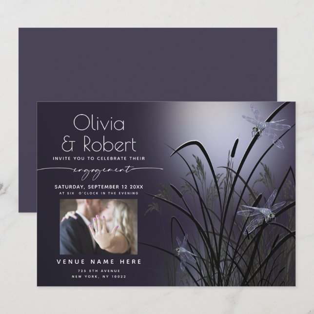 Convites Dusty Plum Glow Noivado Dragonfly (Frente/Verso)