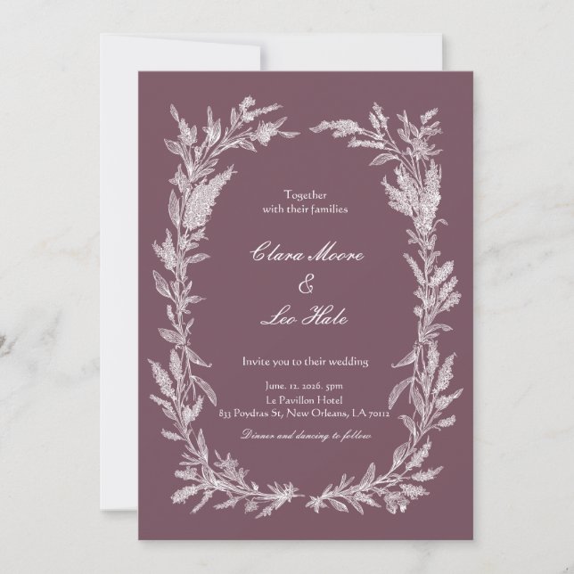 Convites Dusty Plum White Line Art Botanical Wedding Invita (Frente)