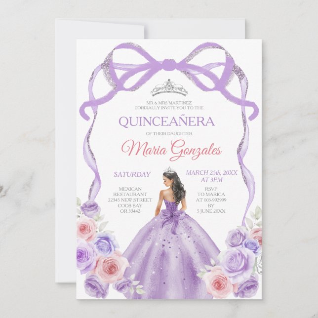 Convites Dusty Purple Arco Princesa Silver Quinceañera (Frente)