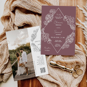 Convites Dusty Purple Botanical Line Art Boho Código QR Fot
