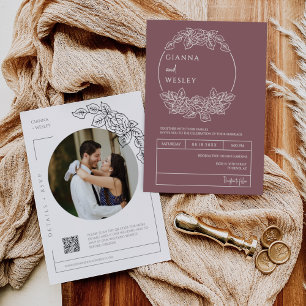 Convites Dusty Purple Botanical Line Art Boho Código QR Fot