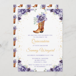 Convites Dusty Purple Dourada Floral Boot Quinceañera