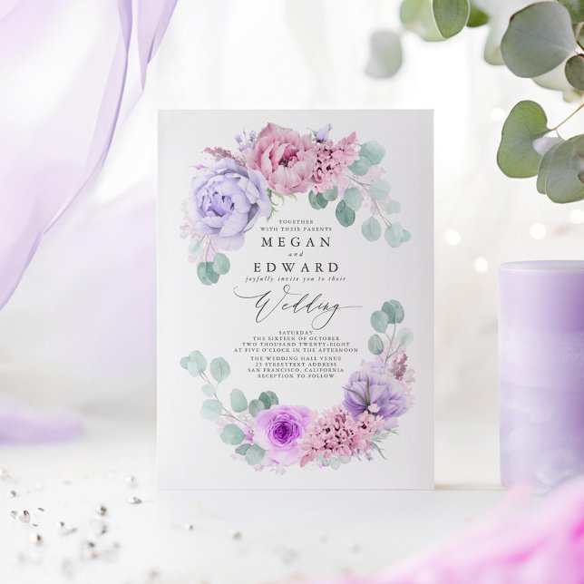 Convites Dusty Purple e Pink Floral Elegante Boho Casado (Dusty Purple and Pink Floral Wedding Invitations)
