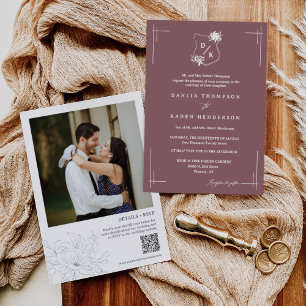 Convites Dusty Purple Floral Wedding Crest Código QR Foto