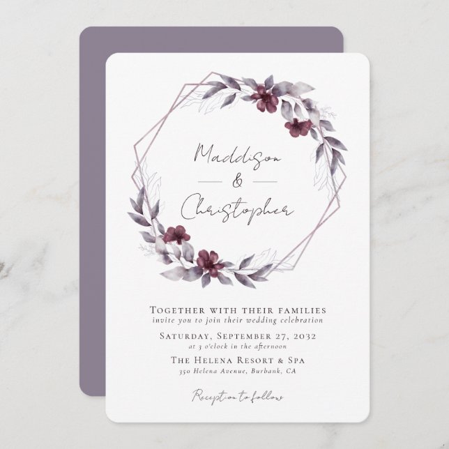 Convites Dusty Purple Floral Wreath Weds (Frente/Verso)