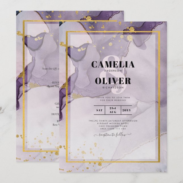 Convites Dusty Purple Gold Álcool Tinta Abstrato Casamento (Frente/Verso)