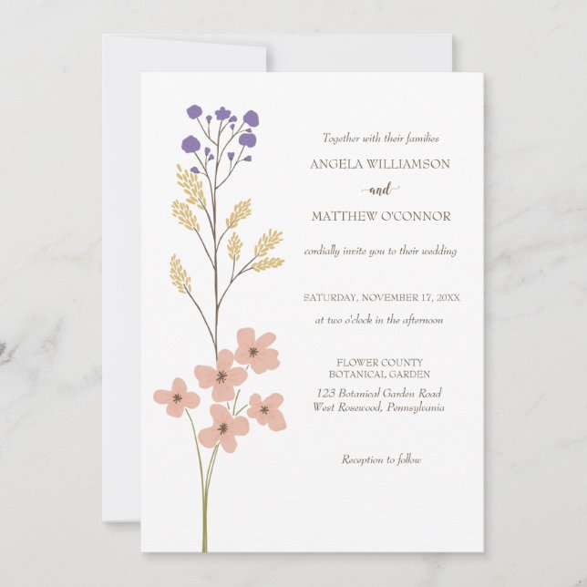 Convites Dusty Purple, Peach Simples Casamento Floral (Frente)