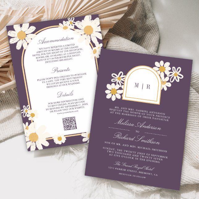 Convites Dusty Purple Retro Yellow Daisy All in One Wedding (Criador carregado)