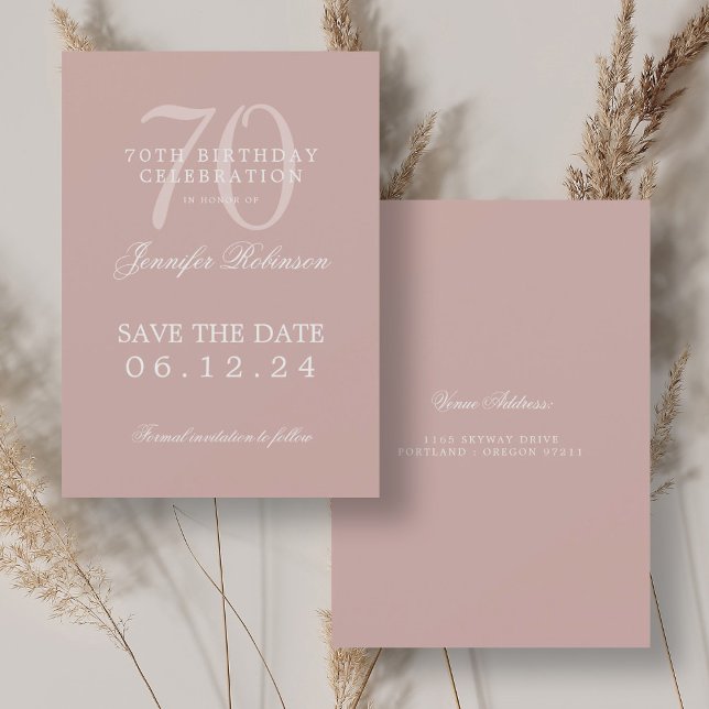 Convites Dusty Rosa 70 Birthday Guarde a Data (Dusty Rose 70th Birthday Save the Date Invitation)
