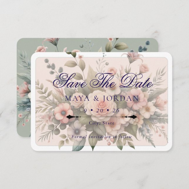 Convites Dusty Rosa Botanical Save The Date Elegant Floral (Frente/Verso)