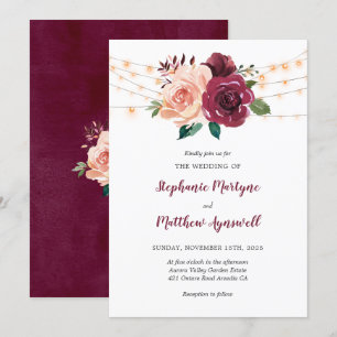 Convites Dusty Rosa Burgundy Floral String Luzes Casamento