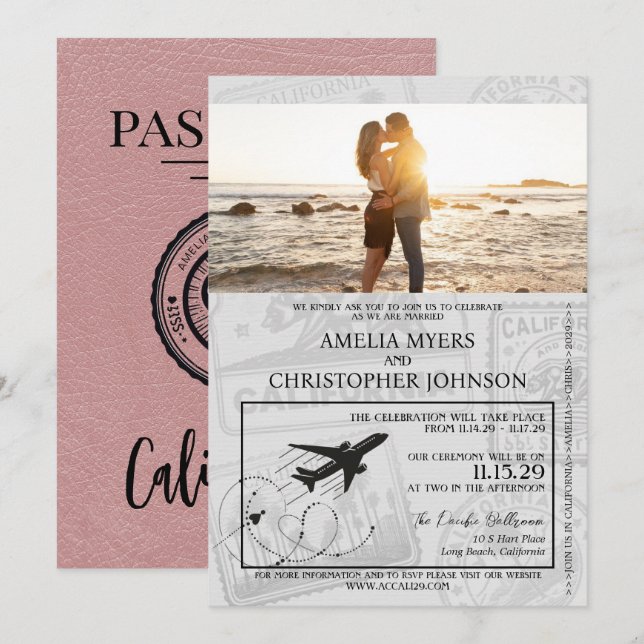 Convites Dusty Rosa California Passport Wedding (Frente/Verso)