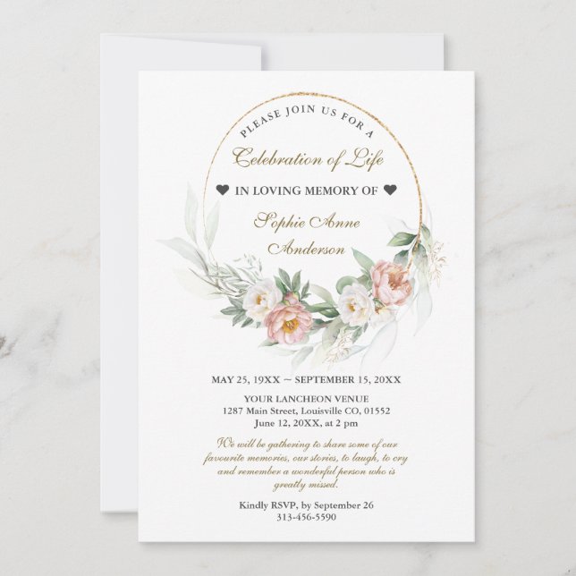 Convites Dusty Rosa: Celebração do Memorial Funeral da Vida (Frente)