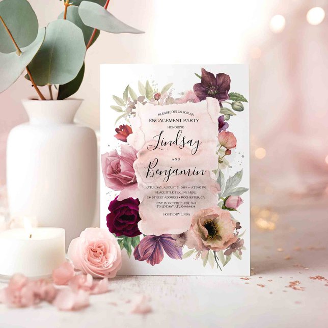 Convites Dusty Rosa e Burgundy Festa de noivado Floral (Boho Blooms Burgundy Red and Pink Floral Engagement Party Invitations)