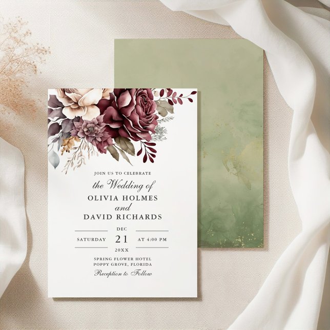 Convites Dusty Rosa e Burgundy Floral Boho Wedding (Dusty Rose and Burgundy Floral Boho Wedding Invitation on a silk tablecloth)