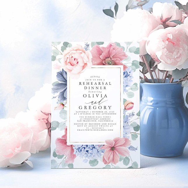 Convites Dusty Rosa e Janto de ensaio Floral Azul Dusty (Dusty Blue Floral Rehearsal Dinner Invitations)