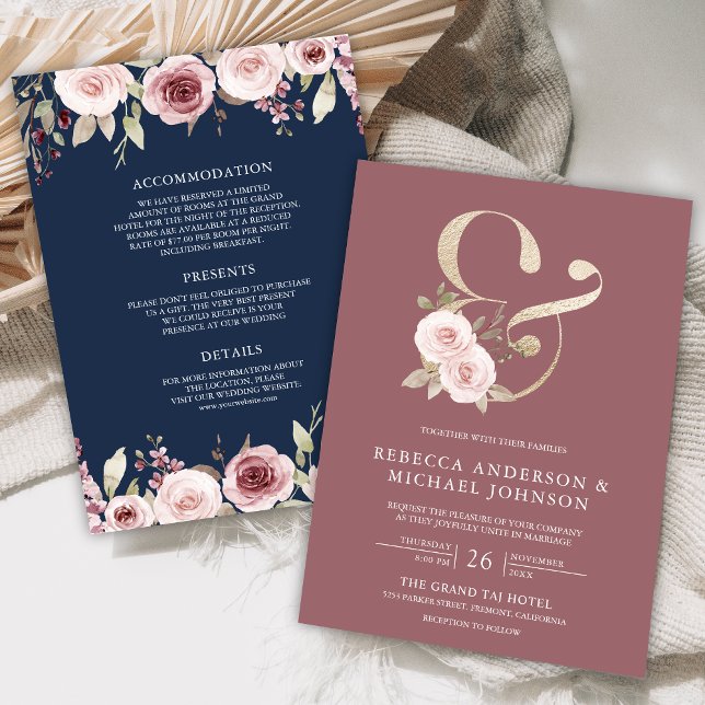 Convites Dusty Rosa Floral Ampersand Marinho Casamento Azul (Criador carregado)
