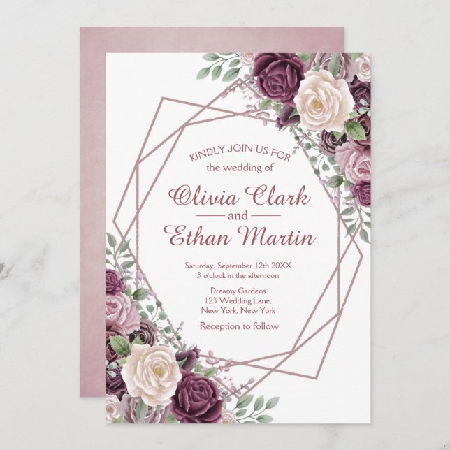 Convites Dusty Rosa Floral Geométrico em Branco (Frente/Verso)