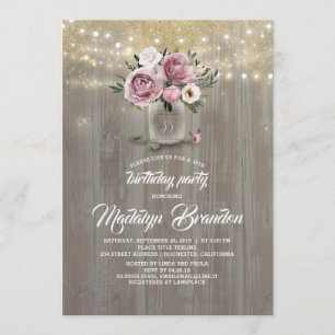 Convites Dusty Rosa Floral Mason Jar Rustic Aniversário