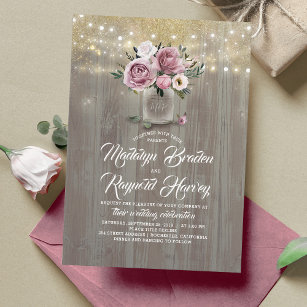 Convites Dusty Rosa Floral Mason Jar Rustic Wedding