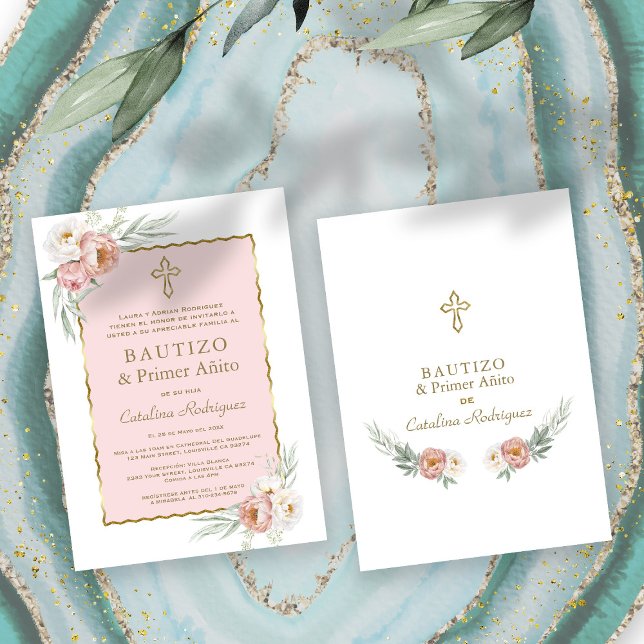 Convites Dusty Rosa Floral - primeiro aniversario Espanhol  (bautizo primer añito invitation, trendy dusty rose flowers, elegant baptism birthday invitation)