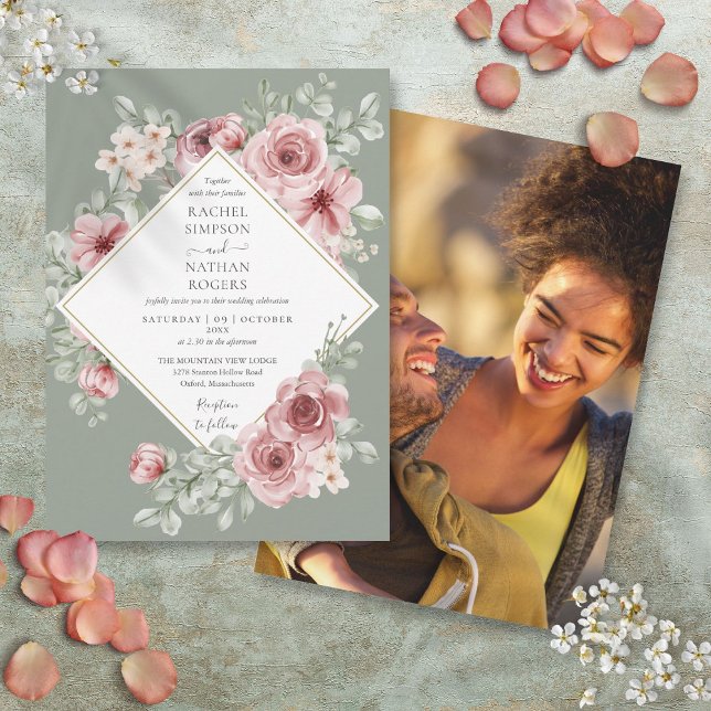 Convites Dusty Rosa Floral Sage Foto de Casamento Verde (Dusty Rose Floral Sage Green Wedding Photo Invitation)