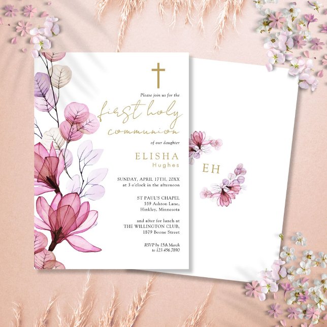Convites Dusty Rosa Floral Transparente Primeira Comunhão S (Dusty Rose Transparent Floral First Holy Communion Invitation)