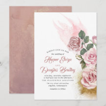 Dusty Rosa Floral Vintage Casamento Glitter Dourad