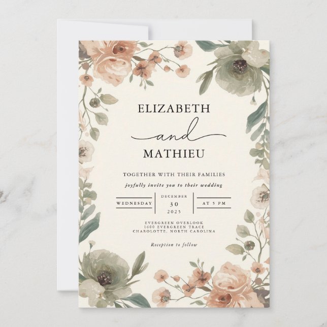 Convites Dusty Rosa Floral Watercolor Casamento (Frente)