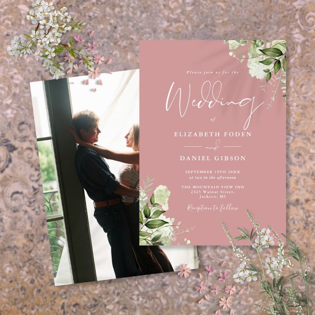 Convites Dusty Rosa Greenery deixa casamento de fotos elega (Dusty Rose Greenery Leaves Elegant Photo Wedding Invitation)
