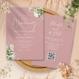 Convites Dusty Rosa Greenery Floral Código QR Casamento