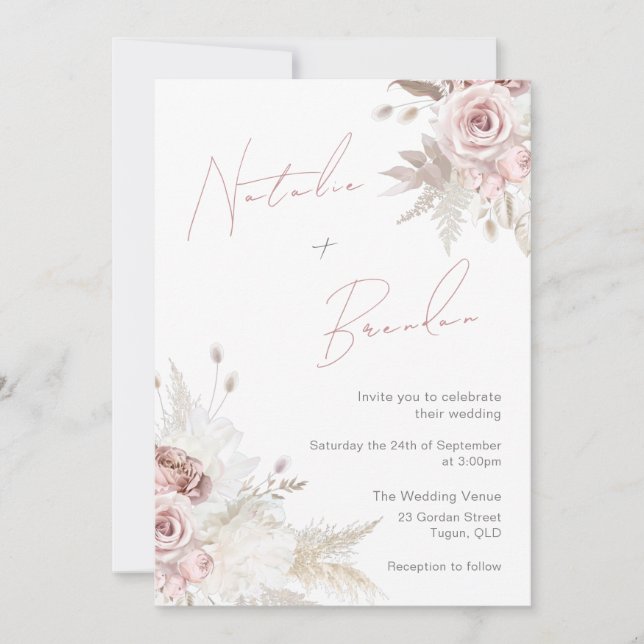 Convites Dusty Rosa & Ivory Modern Script Floral Casamento (Frente)
