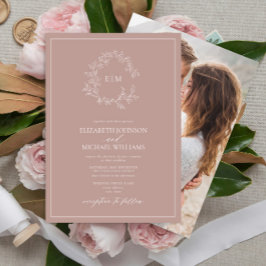 Convites Dusty Rosa Leafy Crest Monograma Foto Casamento