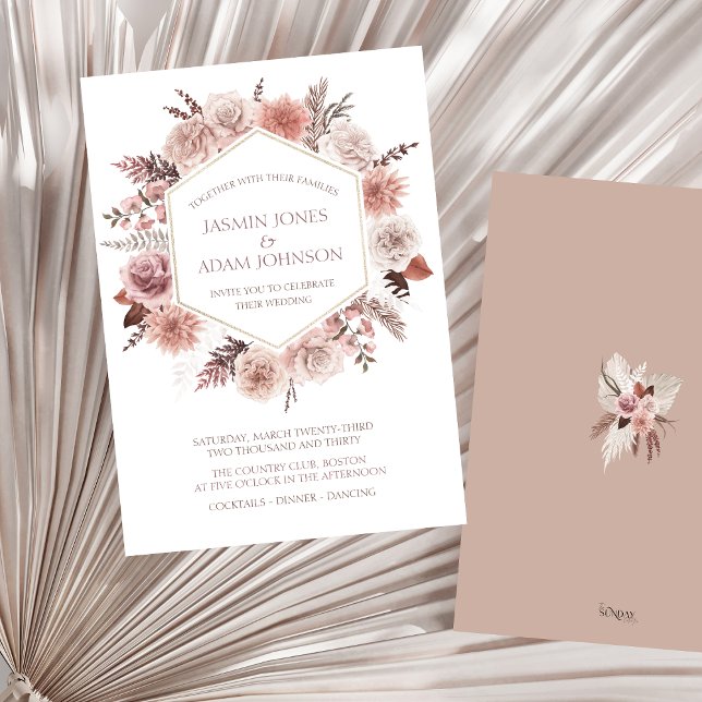 Convites Dusty Rosa Pampas Grass Boho Wedding (Boho Dusty Pink Dried Flowers Wreath Wedding Invitation)