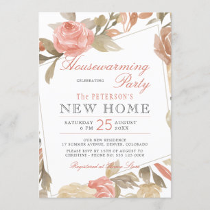 Convites Dusty Rosa Peach Cream Floral Housearming Party