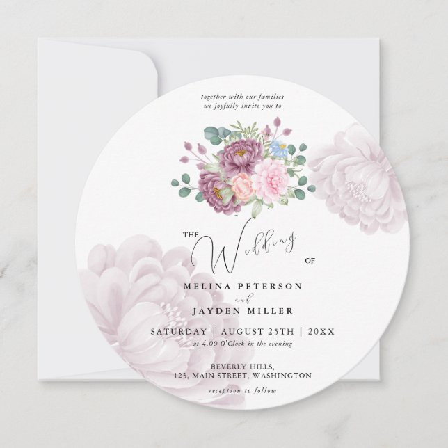 Convites Dusty Rosa Plum Peony Floral Wedding (Frente)