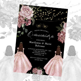 Convites Dusty Rosa Princesa Gêmeas Florais Quinceañera