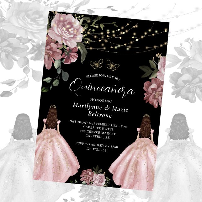 Convites Dusty Rosa Princesa Gêmeas Florais Quinceañera (Criador carregado)