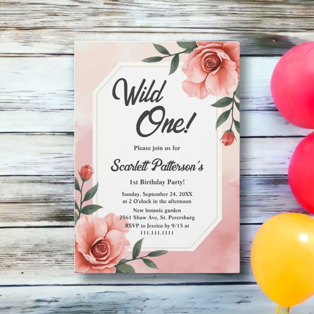Convites Dusty Rosa Romântico Floral Selvagem Um primeiro a (Criador carregado)