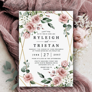 Convites Dusty Rosa Rosa e Dourado Casamento Verde Floral