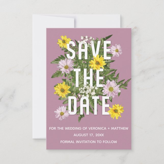 Convites Dusty Rosa rosa e margaridas amarelas salvem a dat (Frente)