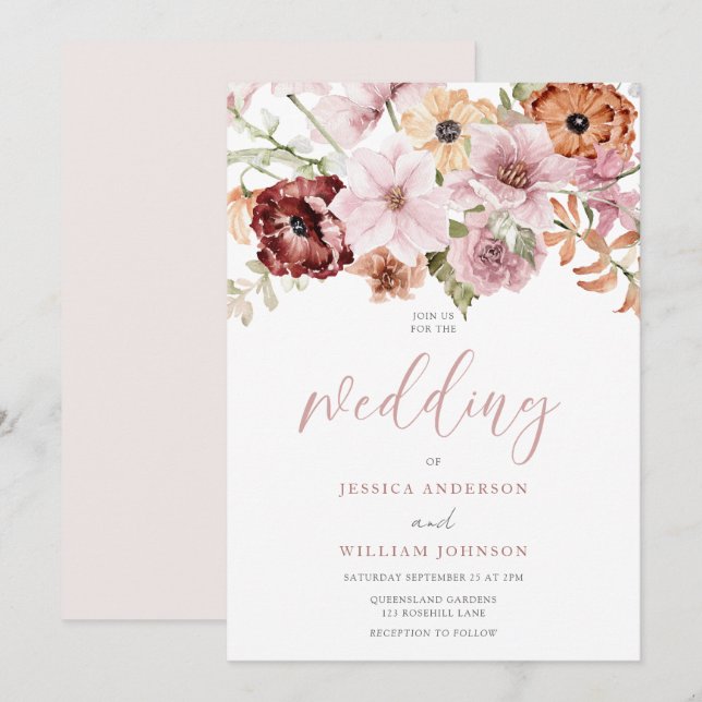 Convites Dusty Rosa Rosa Watercolor Florals Casamento (Frente/Verso)