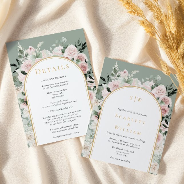 Convites Dusty Rosa Sage Monograma Simples Tudo Em Um Casam (Criador carregado)