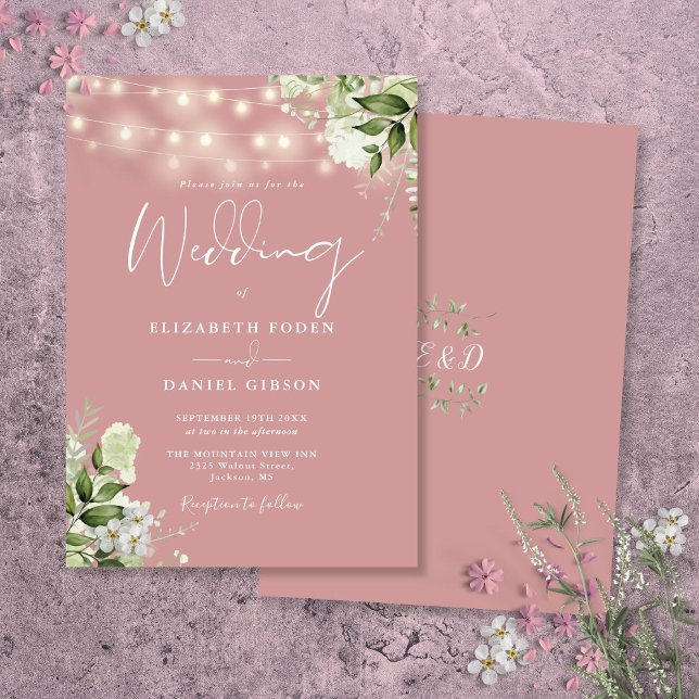 Convites Dusty Rosa String Lights Monograma Casamento (Dusty Rose String Lights Floral Monogram Wedding Invitation)